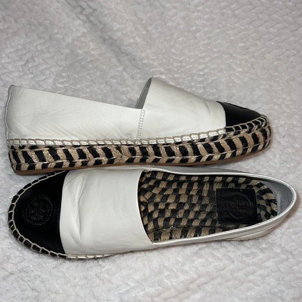 Tory Burch Colour Block Logo Platform Espadrilles Size 9m Black White Leather